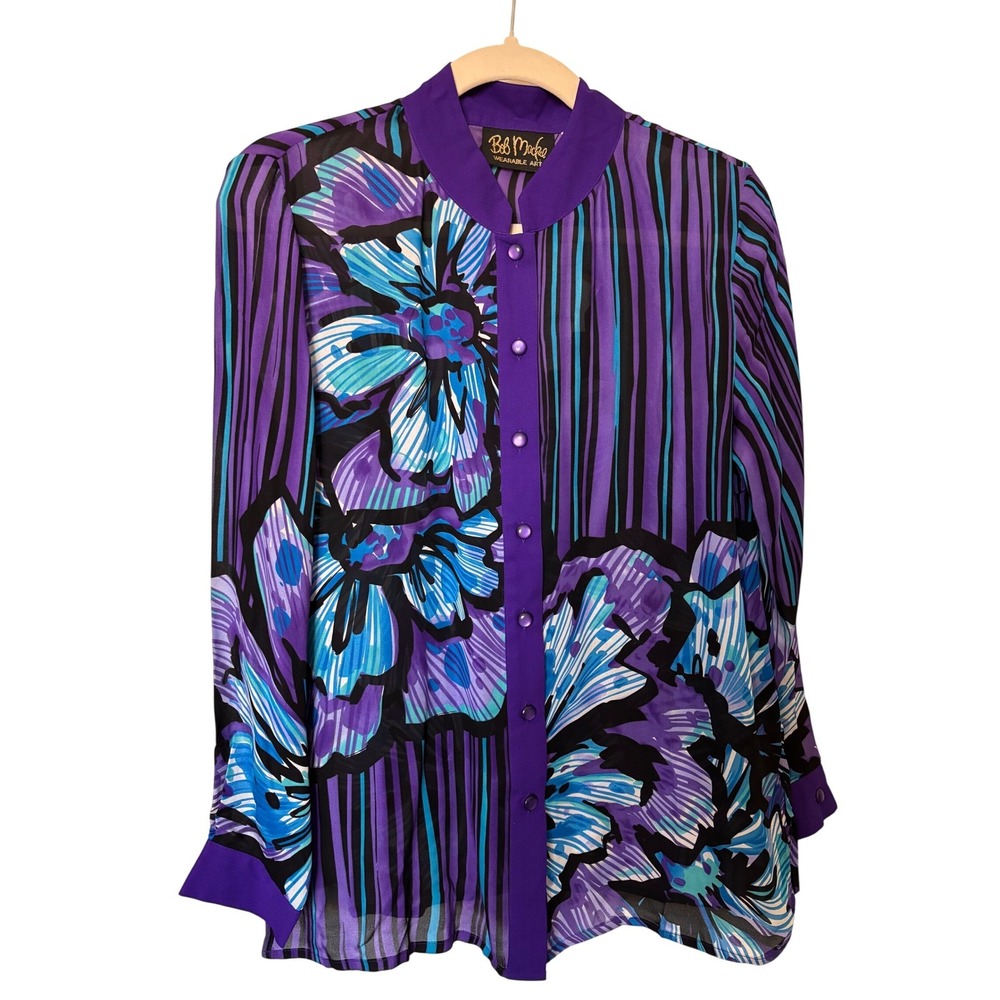 Bob Mackie Wearable Art Purple Floral Button Front Blouse Mandarin Collar Small
